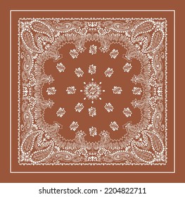 Bandana Scarf Paisley Cashmere Illustration. Ethnic White Kerchief Elements On Brown Color Background.