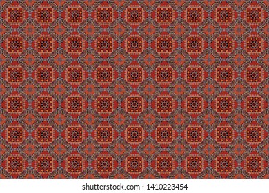 Bandanna shawl, tablecloth fabric print, silk neck scarf, kerchief design. Decorative colorful seamless pattern, geometric pattern in orange, red and brown colors. Raster tribal ethnic ornament.