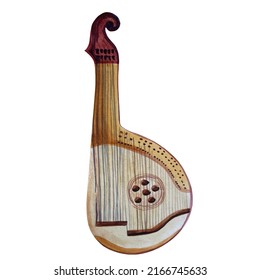 Bandura Musical Instrument. Ukrainian Bandura Isolated Musical Instrument. Plucked String, Folk Music Tool.  Watercolor Illustration.