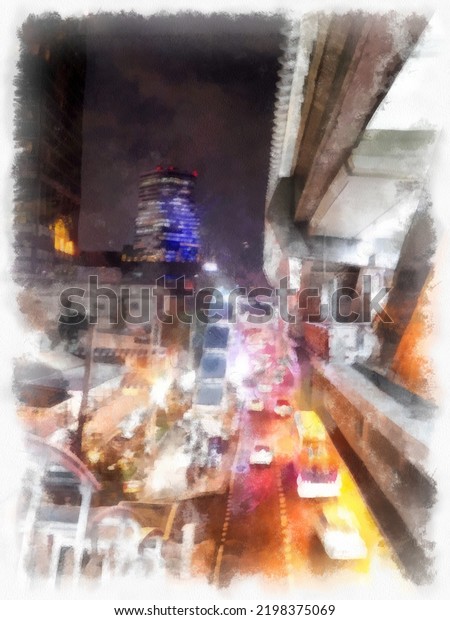 Bangkok city landscape Thailand watercolor\
style illustration impressionist\
painting.\
\
