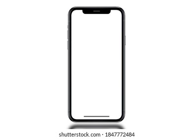 Bangkok, Thailand - Sep 15, 2019: Studio of Smartphone iphone X with blank white screen for Infographic Global Business Marketing investment Plan, mockup model similar to iPhone 12 Pro Max.