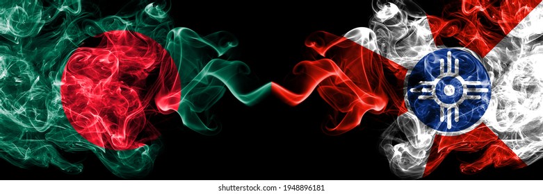 Bangladesh, Bangladeshi vs United States of America, America, US, USA, American, Wichita, Kansas smoky mystic flags placed side by side. Thick colored silky abstract smokes flags.