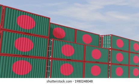 Bangladesh flag containers are located at the container terminal. Concept for Bangladesh import and export 3D.