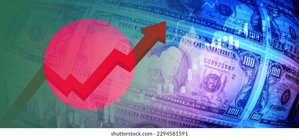 Bangladesh flag, dollar bills, stock market chart and financial data rising red arrow. Employment, interest, inflation, recession and financial concept background image - Shutterstock ID 2294581591