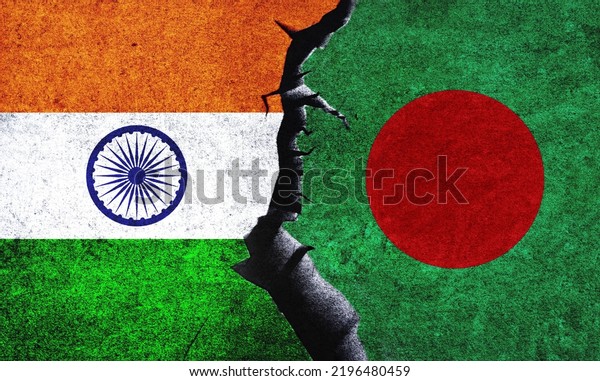 Bangladesh vs India flags on a\
wall with a crack. India and Bangladesh relation. India and\
Bangladesh conflict, war crisis, relation, economy, trade\
concept
