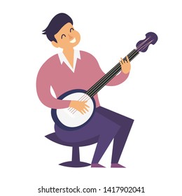 Banjo player colorful illustration. Banjo player characters cartoon flat style. Isolated on white background