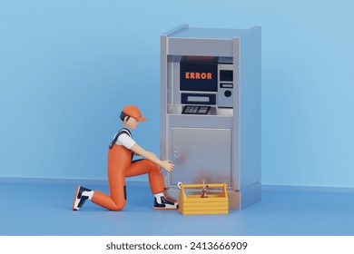 Bank ATM Repair Service 3D Illustration. technician repairing ATM machine - Powered by Shutterstock