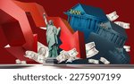 Bank building is collapsed. Bankruptcy bank. Collapse financial organization. Banking crisis. Signs of dollar near economic organization. Loss of money by bank depositors after bankruptcy. 3d image