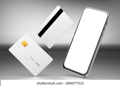 Bank Card Mockup With Chip And Smartphone. Smartphone White Screen.Online Payments Plastic Card. Horizontal Mockup. 3D Rendered.