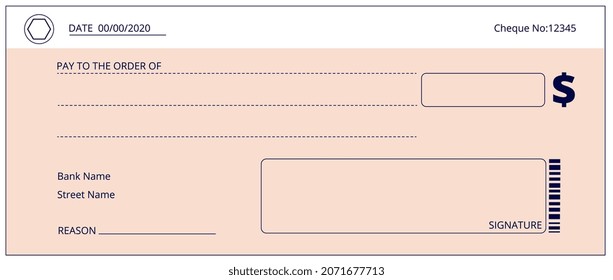 Bank Check. Blank Business Checks, Money Donation Cheque. Empty Checkbook Page Template. Simple Payment Layout, Fake Pay Background