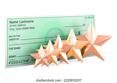 Bank Check With Five Golden Stars. 3D Rendering Isolated On White Background