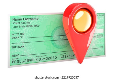 Bank Check With Map Pointer, 3D Rendering Isolated On White Background