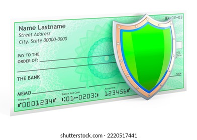 Bank Check With Shield, 3D Rendering Isolated On White Background 