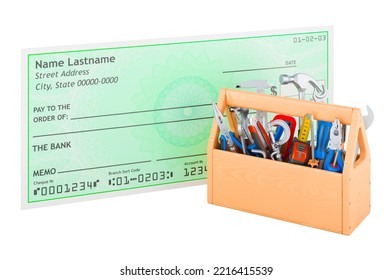 Bank Check With Tool Box, 3D Rendering Isolated On White Background 