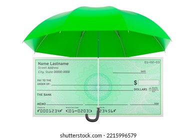 Bank Check Under Umbrella, 3D Rendering Isolated On White Background 