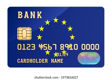 Bank Credit Card Featuring The EU Flag. National Banking System In The European Union Concept. 3D Rendering Isolated On White Background