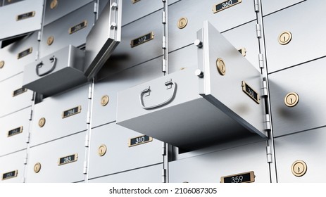 Bank deposit boxes with some open drawers. 3D illustration.