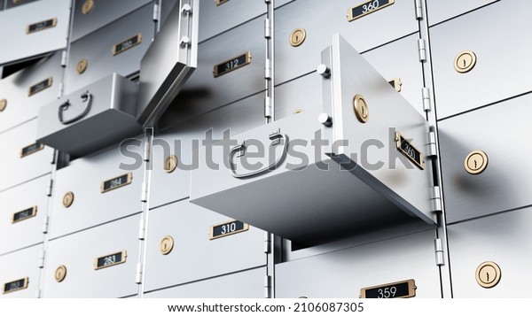 Bank deposit boxes with some open drawers.\
3D illustration.