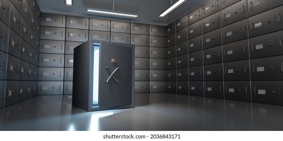 Bank deposit lockers with closed steel doors and black open safe box with white light inside, angle view. Realistic interior room in vault for money storage, secure banking service concept, 3d render