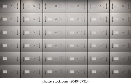 Bank deposit safe boxes wall, closed metal lockers in vault with lock and handles on steel doors for storage valuables, jewels or money. Secure banking service, realistic illustration, 3d render