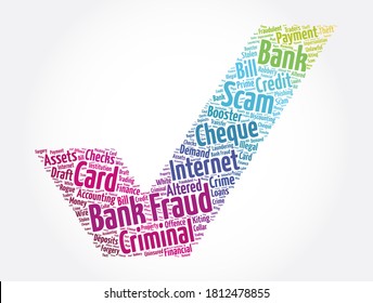 Bank Fraud Check Mark Word Cloud Collage, Business Concept Background