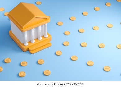 Bank House With Coin Dollar On Blue Background, Top View. Concept Of Investment, Cash In Bank And Saving Money. 3D Rendering