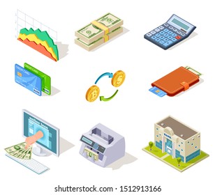 Bank isometric icons. Internet banking, money and checkbook, loans and cash currency, credit card business finance 3d symbols