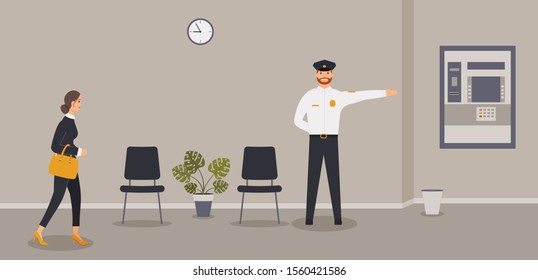 Bank Office Interior: Businesswoman Is Going To ATM Or Cash Machine.Elegant Interior Of Hall In Financial Institution. Waiting Area With Security Guard Who Is Pointing The Way. Raster Illustration