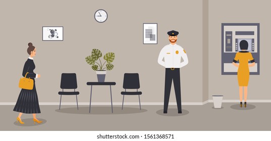 Bank Office Interior: Businesswoman Is Going To ATM Or Cash Machine.Elegant Interior Of Hall In Financial Institution With Customer. Waiting Area With Security Guard. Raster Illustration