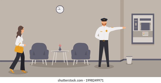 Bank Office Interior: Businesswoman Is Going To ATM Or Cash Machine.Elegant Interior Of Hall In Financial Institution. Waiting Area With Security Guard Who Is Pointing The Way. Raster Illustration