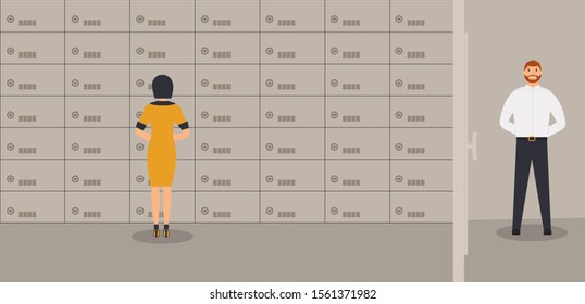 Bank Office Interior: Businesswoman Is Standing Near Deposit Safes.Elegant Interior Of Depositary In Financial Institution With Customer. Corridor With Clerk. Raster Illustration