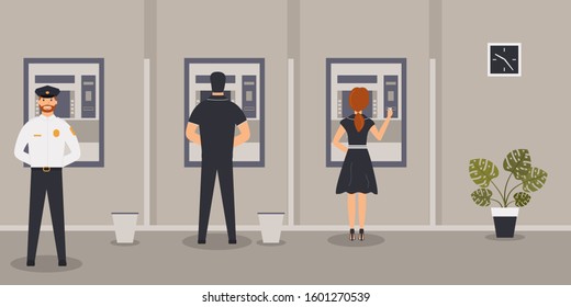 Bank Office Interior: Bank Customers Stand Near ATM Or Cash Machine.Elegant Interior Financial Institution. Hall With Clients And Security Guard. Cute Clock On Wall. Raster Illustration