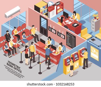 Bank Office With Interior Elements, Clients Near Workers And Atms, In Waiting Area Isometric  Illustration