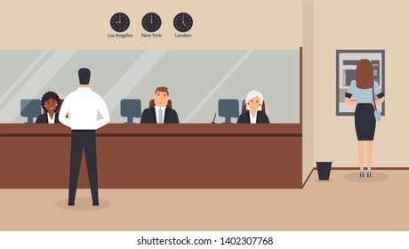 Bank Office Interior:Bank Clerks Sit Behind Barrier With Glass, ATM Or Cash Machine,bin.Elegant Interior Financial Institution. Hall With Bank Counter. Vector Illustration