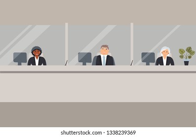 Bank Office Interior:Bank Employees Sit Behind A Barrier With Glass And Ready To Serve Bank Customers.Elegant Interior Financial Institution. Hall With Bank Counter. Raster Illustration