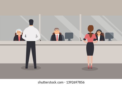 Bank Office Interior:Bank Employees Sit Behind A Barrier With Glass And Serve The Bank Customers.Elegant Interior Financial Institution.Female And Male Clients Stand Near The Bank Counter. Raster