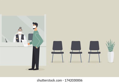 Bank Office Is Open During Epidemic Of Virus.Employee In Protective Medical Mask Behind Counter Serve Customer.Client Stand In Hall Near Cash Register Window And Talk To Clerk.Raster Flat Illustration