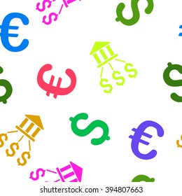 Bank Payments glyph repeatable pattern with dollar and euro currency symbols. Style is flat colored icons on a white background.