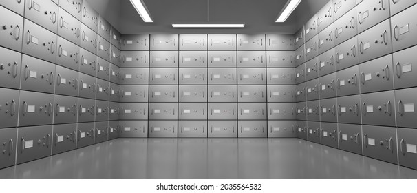 Bank safe boxes with closed steel doors in underground vault. Realistic interior empty room with metal deposit lockers, locks and handles for money storage. Secure banking service concept, 3d render