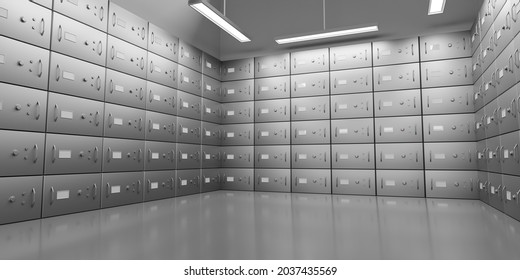 Bank safe boxes with closed steel doors in underground vault, perspective view. Realistic interior empty room with metal deposit lockers for money storage. Secure banking service concept, 3d render