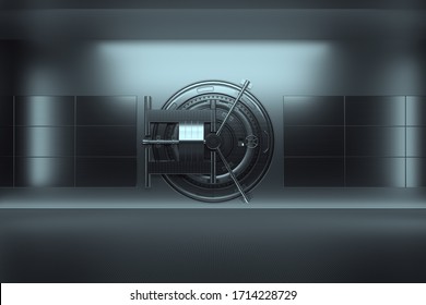 Bank Vault Door, Large Safe, Sturdy Metal. The Concept Of Bank Deposits, Deposit, Cells, Good Protection Of Savings. Copy Space, 3D Illustration, 3D Render