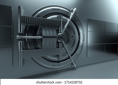 Bank Vault Door, Large Safe, Sturdy Metal. The Concept Of Bank Deposits, Deposit, Cells, Good Protection Of Savings. Copy Space, 3D Illustration, 3D Render