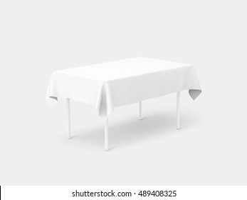 Bank White Tablecloth Mockup, 3D Rendering. Clear Table Cloth Design Mock Up Isolated. Fabric Space Satin On Desk Template. Kitchen Table Clean Textile Overlay. Setting Cafe Table.