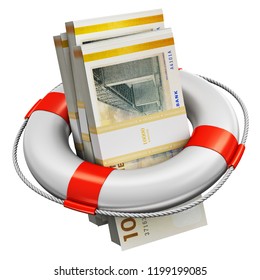 Banking, Accounting Finance Investment Risk And Financial Success Development And Growth: 3D Render Of Bundles Of 100 Danish Krona Paper Money Banknotes In Inflatable Ring Lifesaver Belt Or Buoy White