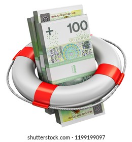 Banking, Accounting Finance Investment Risk And Financial Success Development And Growth: 3D Render Of Bundles Of 100 Polish Zloty Paper Money Banknotes In Inflatable Ring Lifesaver Belt Or Buoy White