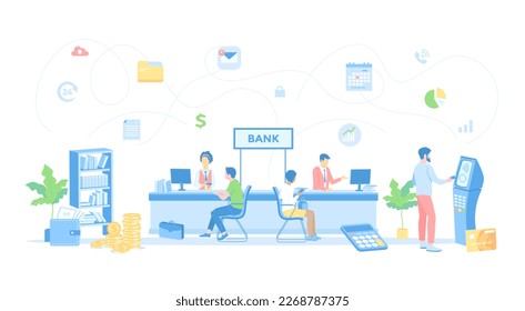 Banking Financial services. Money exchange, transfer, payment, accounts operation. Bank office interior, finance managers and clients. Raster illustration flat style.	
 - Powered by Shutterstock