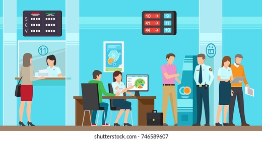 Banking Services Of All Kind  Illustration. Fast Cash Advance In Cash Desk, Consultants That Provide With Full Information, Modern Atm With Simple Use, Complete Security And Cozy Office.