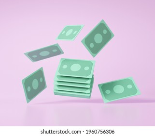 Banknotes dollar green cash floating on Purple pastel background money digital Cost saving concept. minimal cartoon style, 3D render