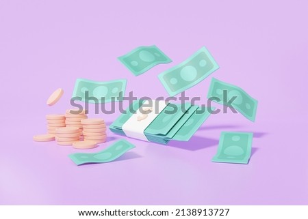 Banknotes and stack coin floating with earn interest concept. money saving, tax, investment, minimal cartoon on purple background. 3d render illustration