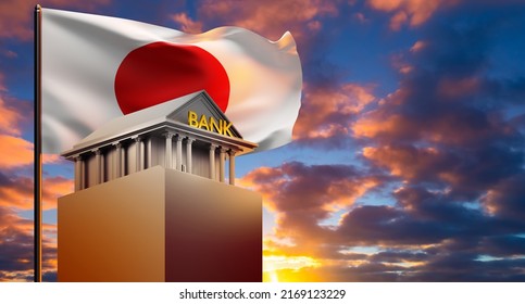 Banks Of Japan. Bank Building In Front Of Flag Of Japan. Japan Financial System Concept. Office Of Banking Organization On Background Sky. State Financial Market. Credit Company. 3d Rendering.